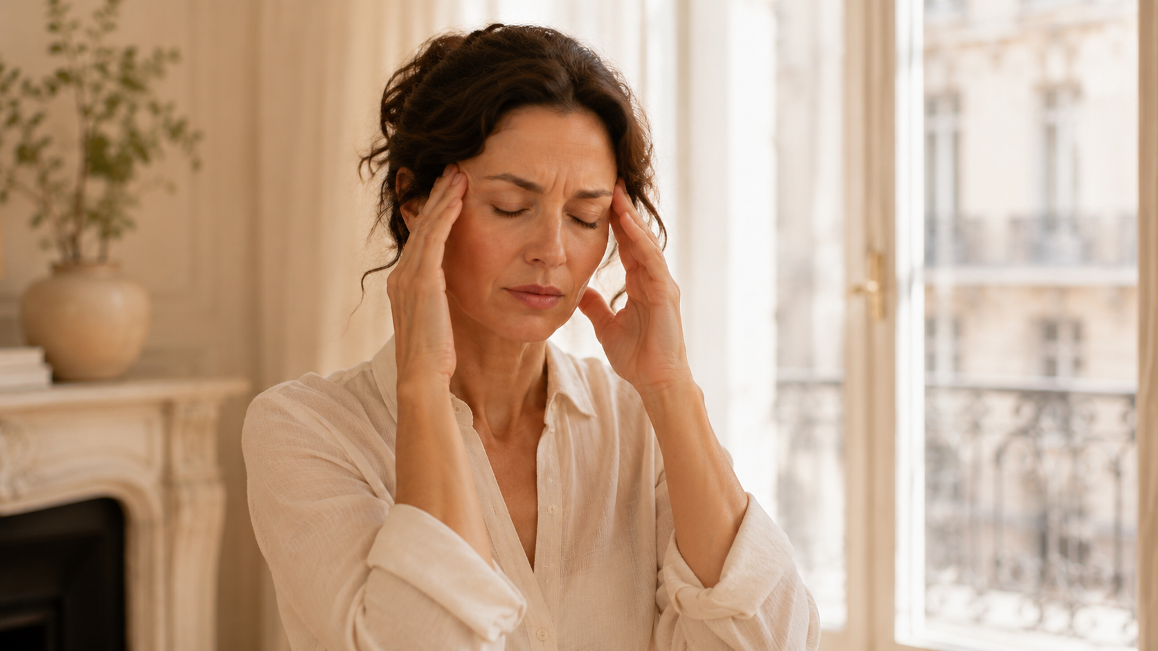 Femme souffrant de migraines dans un appartement parisien